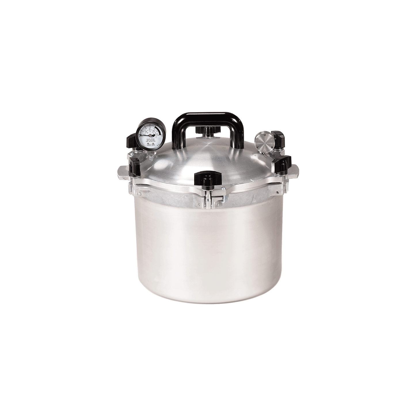 A 10.5-quart All-American pressure cooker model 910, with a metallic finish and a pressure gauge on the lid.