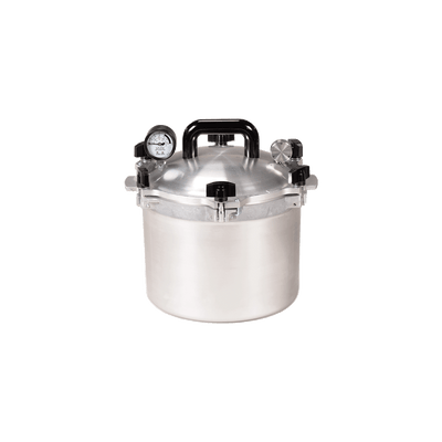 A 10.5-quart All-American pressure cooker model 910, with a metallic finish and a pressure gauge on the lid. 
