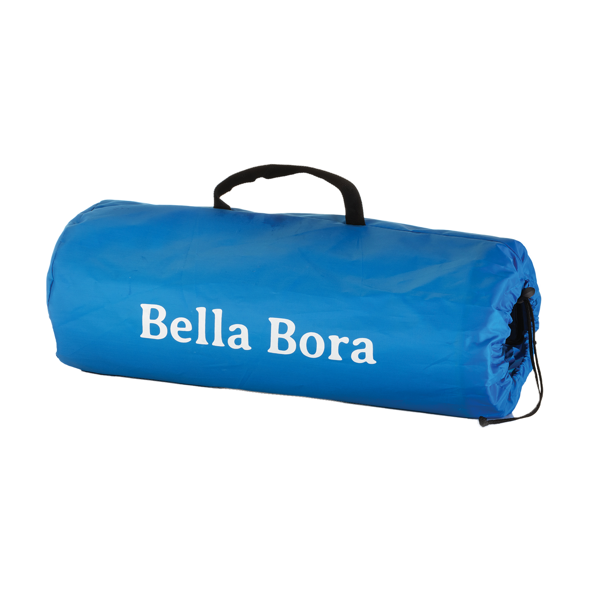 Close-up of the portable blue carrying case for the Bella Bora Still Air Box, featuring the white Bella Bora logo on the side, against a black background.