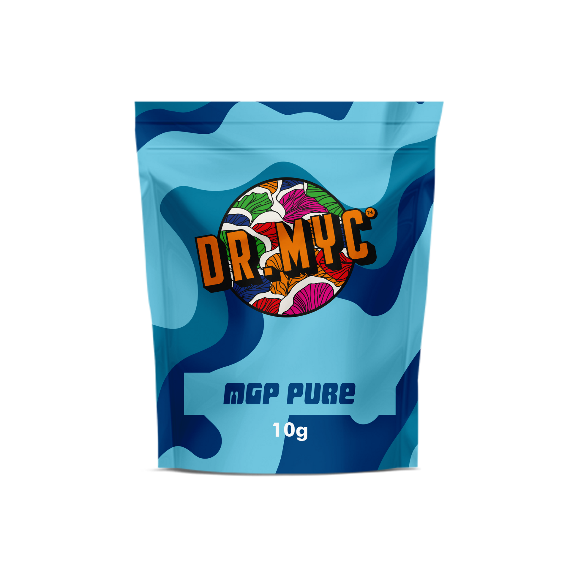 A Small, square blue bag of Dr Myc MGP PURE Mushroom Growth Promoting Bacteria.