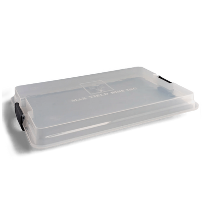 A Max Yield Bins container with a clear colonizer lid, showcasing the lid's shorter, flatter design for imptoved humidity and faster colonization.