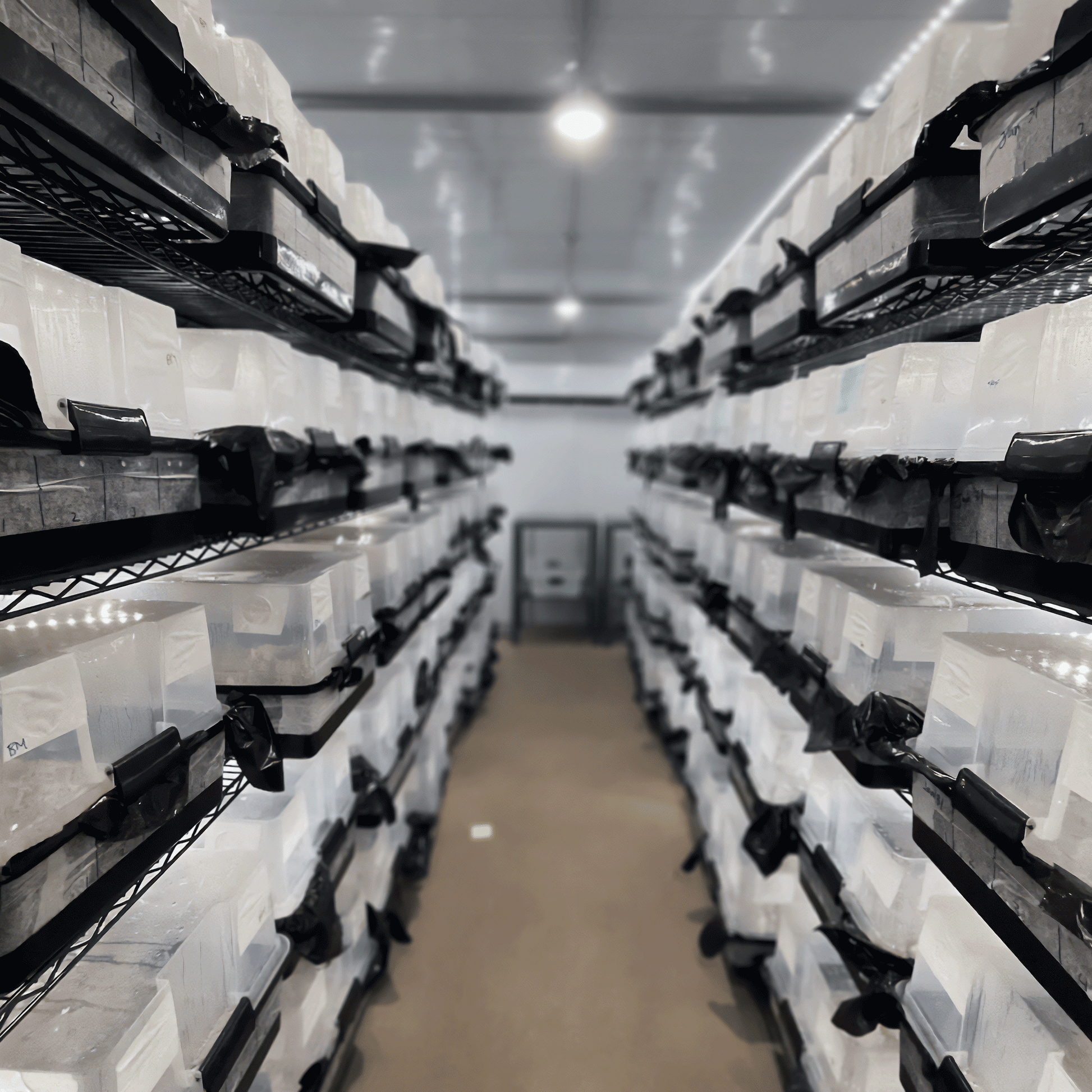 A long aisle view inside a cultivation room with rows of metal shelving holding numerous Max Yield V1 Monotubs with clear lids and black bases.