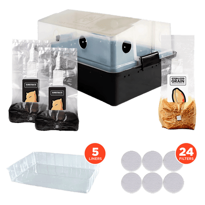 a Kit with one V2 Max Yield Bin, one set of 24 Bin Filters, one set of 5 Bin Liners, 2 five pound bags of Mushroom Supplies Sterilized Substrate, one 3 pound bag of MushroomSupplies Sterilized Grain