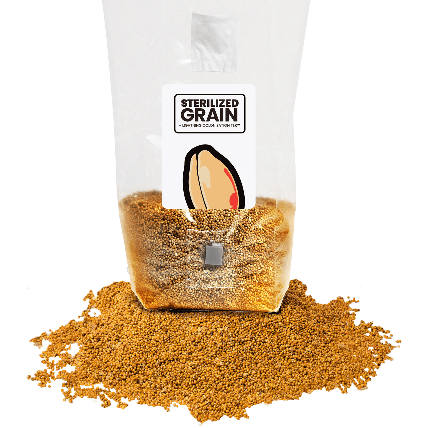 A 'Sterilized Grain' bag now open with millet grains spilling out onto a white surface, emphasizing the product's ready-to-use quality.