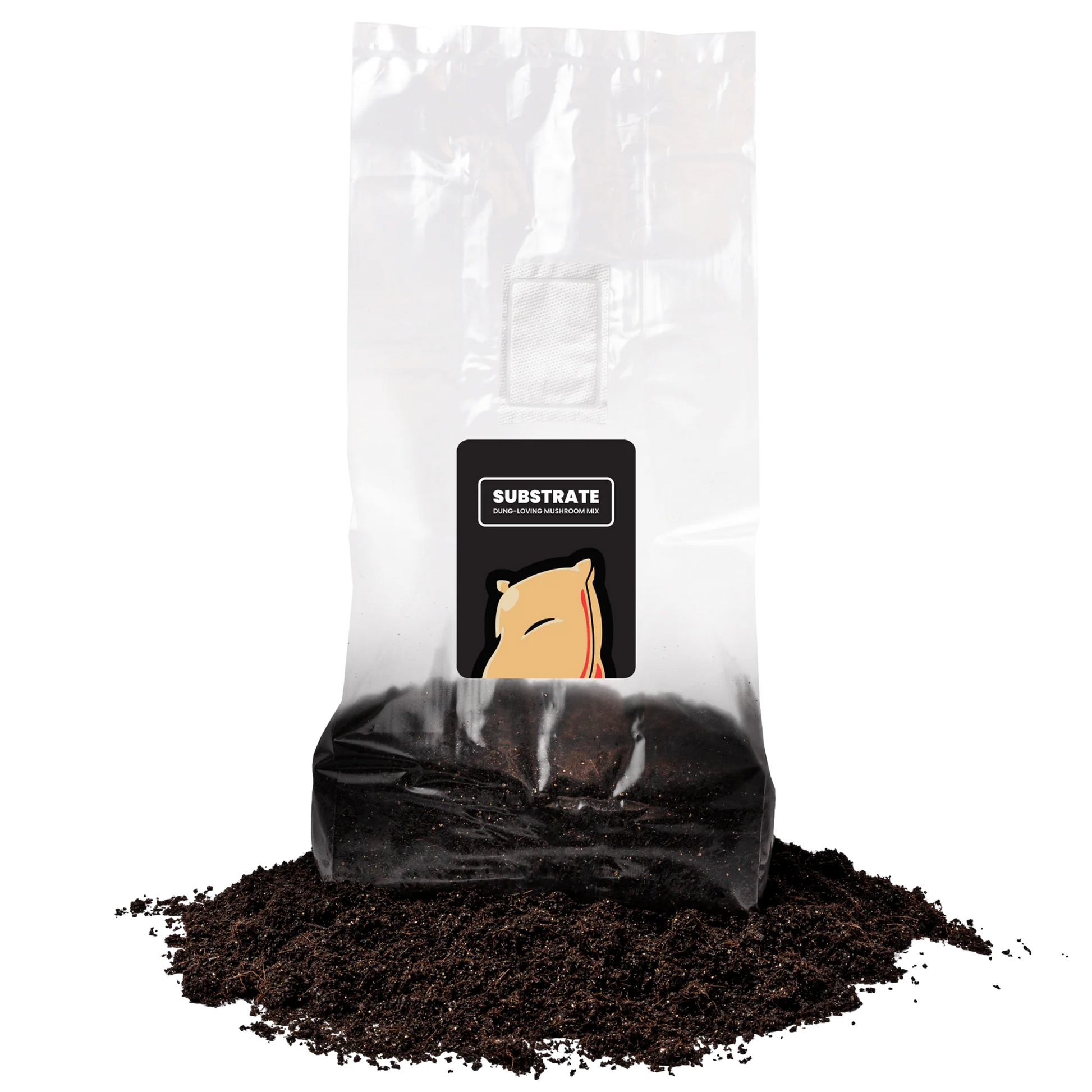 The substrate bag with contents spilling out, showcasing the dark, nutrient-rich composition for mushroom cultivation.