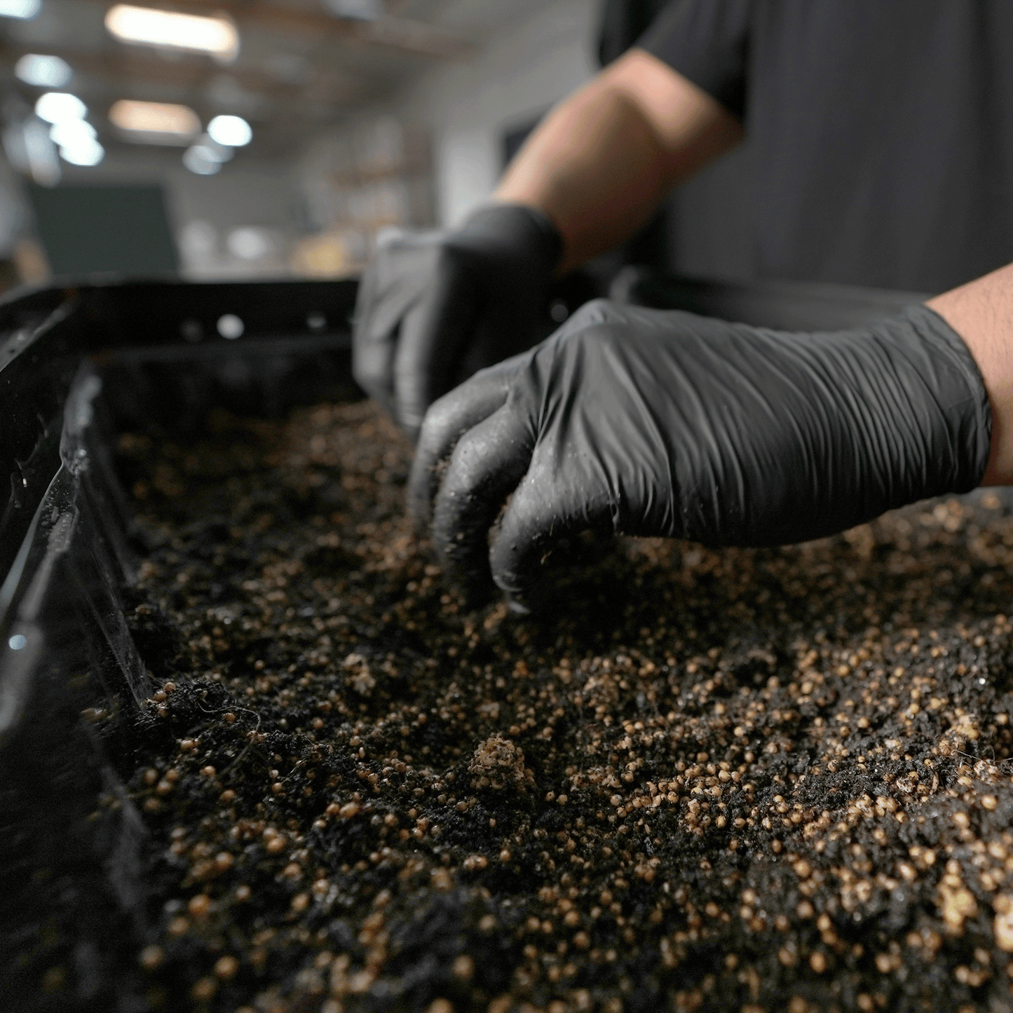 Close-up of the substrate mix, highlighting the variety of particles and the moist texture indicating readiness for use.
