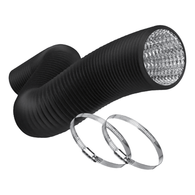 Flexible black ducting with a foil inside and 2 circular clamps.