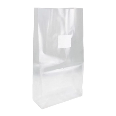 A clear, autoclavable plastic bag with a square white filter patch at the top designed for growing mushrooms. 