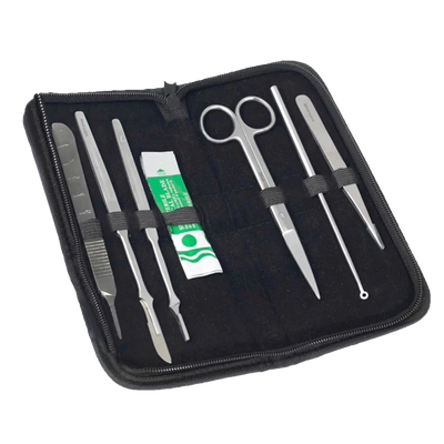 A rectangular folding zip pouch containing  Stainless steel tools for mycology - 3 scalpel handles, a pack of scalpel baldes, a pair of scissors, and inoculation loop, and some forceps. 