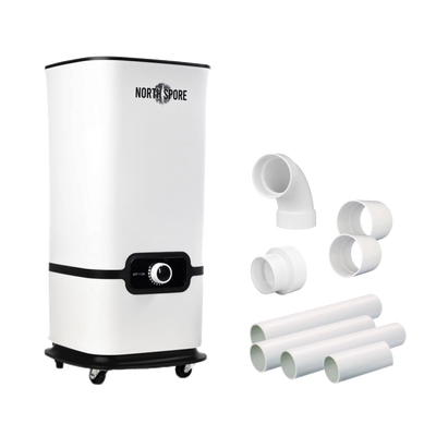 North Spore Myco Mister II Tower Humidifier with accessories including PVC pipes and connectors.