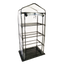 A small, transparent grow tent with a metal frame and shelves, designed for indoor plant cultivation and mycology.