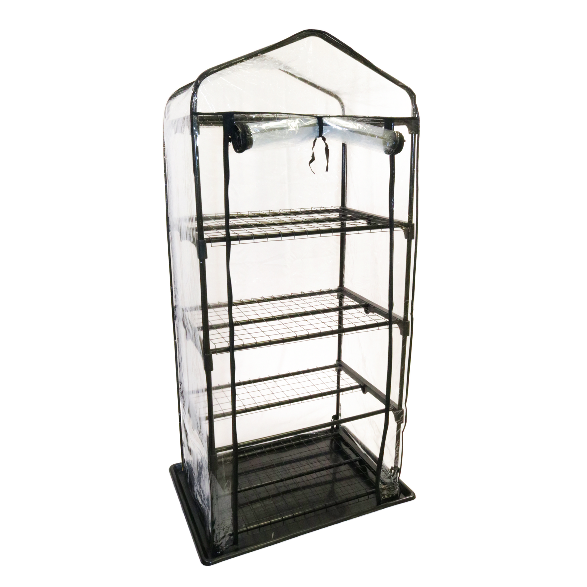 A small, transparent grow tent with a metal frame and shelves, designed for indoor plant cultivation and mycology.