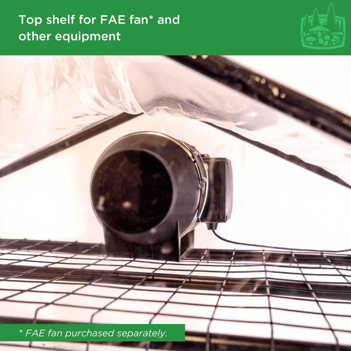 The top shelf inside a grow tent with a FAE (Fresh Air Exchange) fan installed for optimal growing conditions.