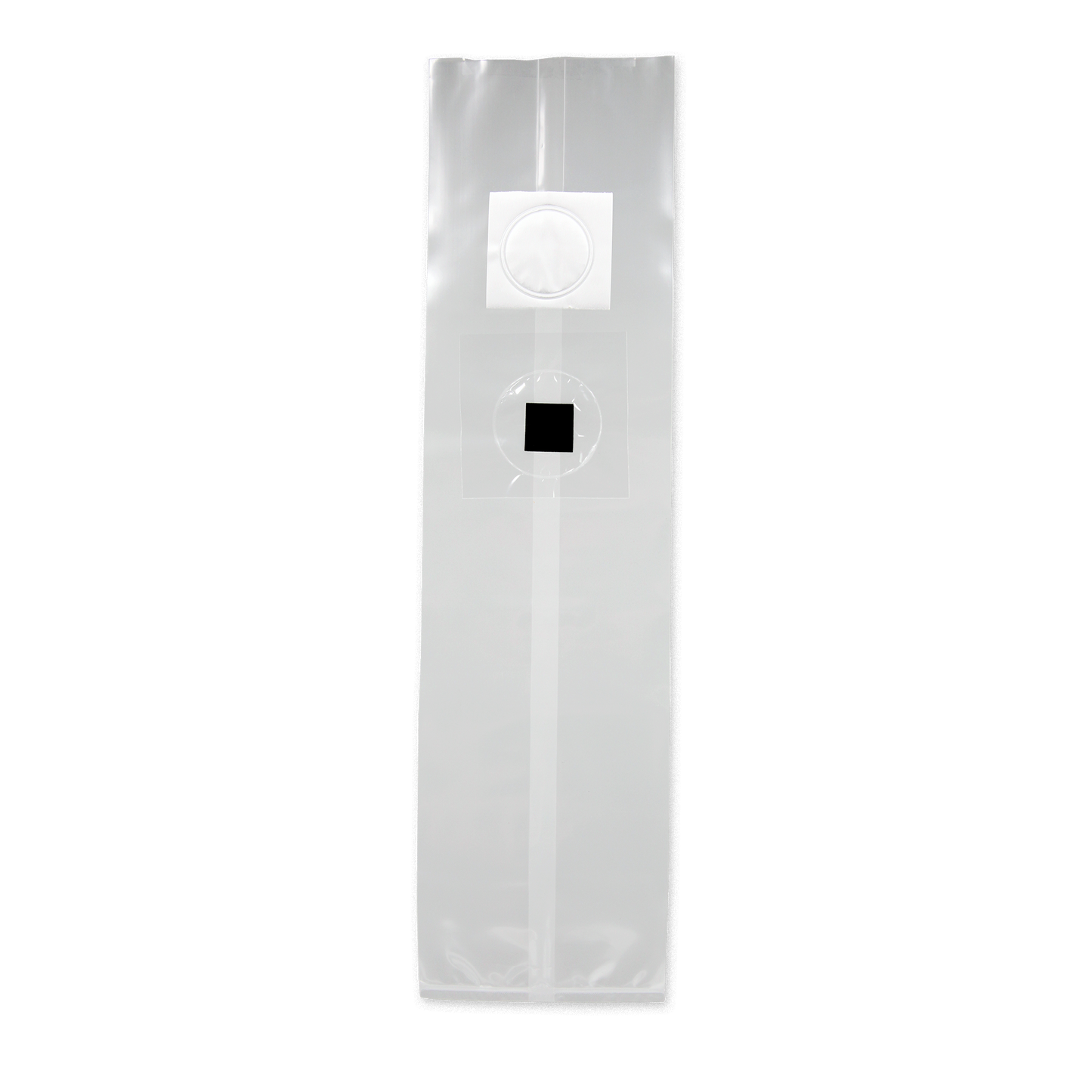 A long, narrow clear mushroom grow bag with filter patch and injection port.