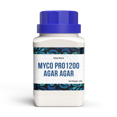 A white bottle of Silly Myco Agar Agar powder with a blue lid and decorative label.