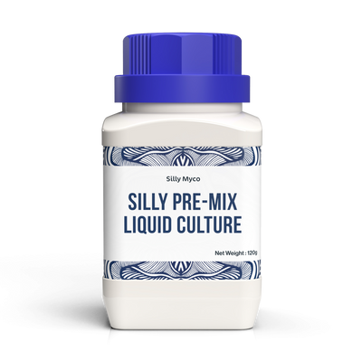 A white bottle of Silly Myco Silly Pre-Mix Liquid Culture powder with a blue lid and decorative label.