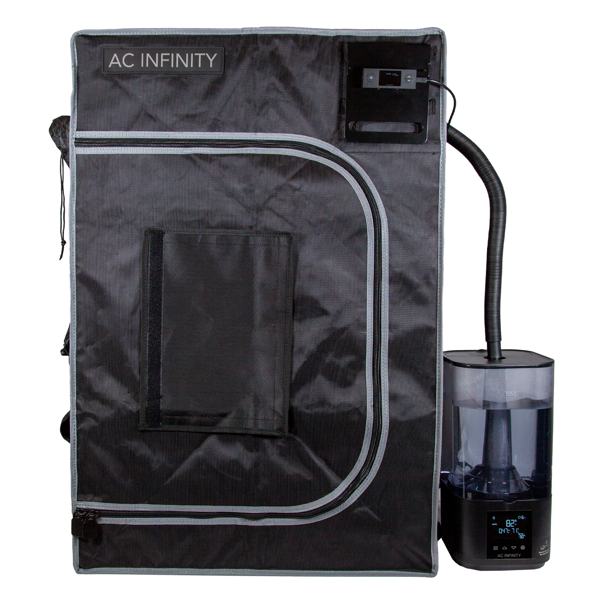 A black square grow tent reading AC infinity with a humidifier connected to it. 