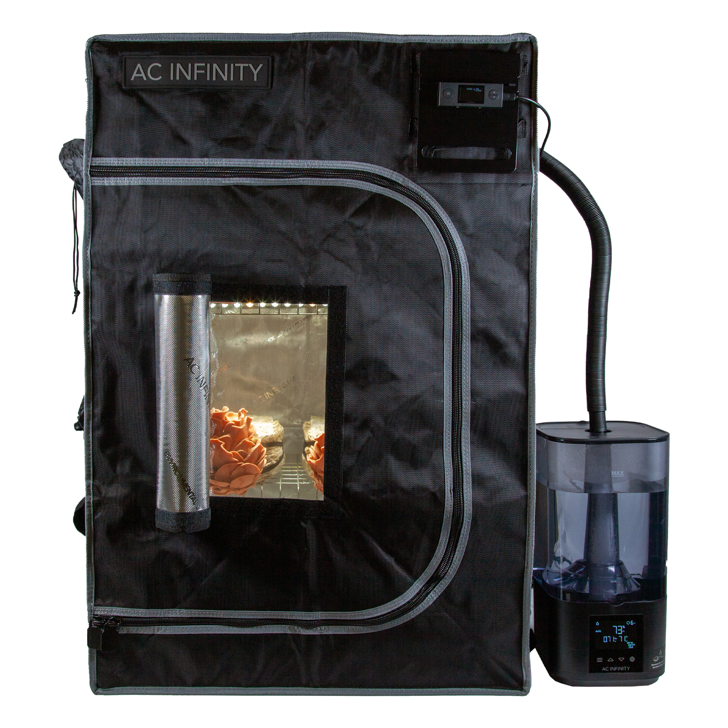 an image of an AC Infinity Cloudlab Mini Grow Tent being used for mushroom cultivation with a humidifier connected to the tent, and mushrooms visible from the inside. 