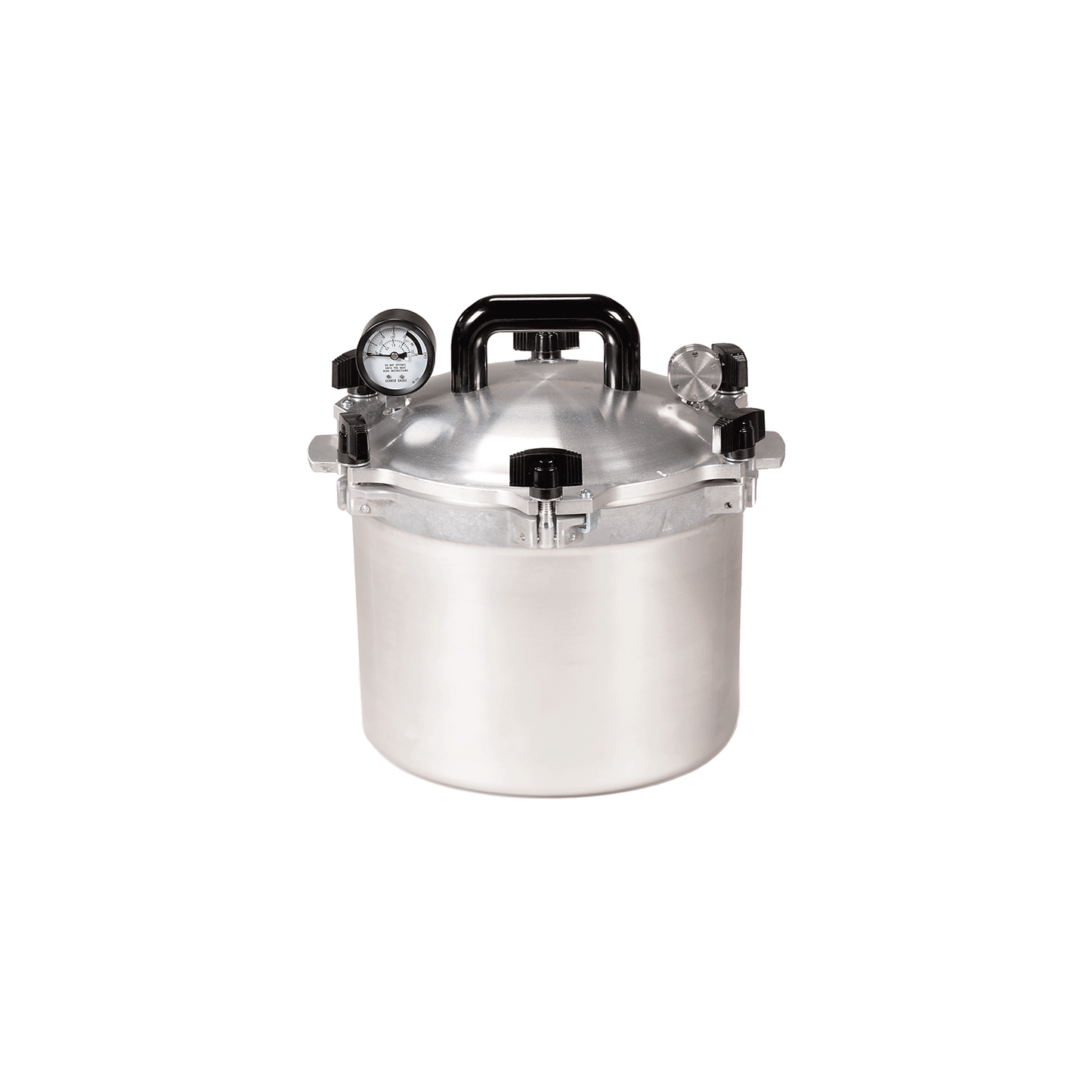 A 10.5-quart All-American pressure cooker model 910, with a metallic finish and a pressure gauge on the lid. 