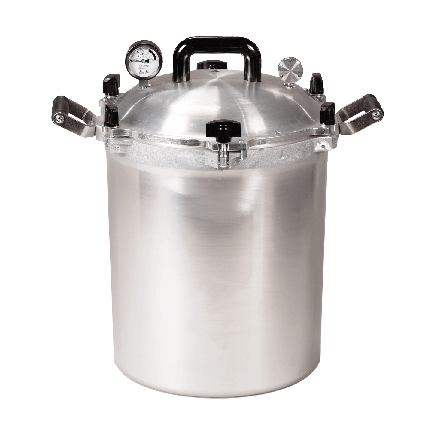 A substantial 30-quart All-American pressure cooker model 930, equipped with a pressure gauge and metal clamps