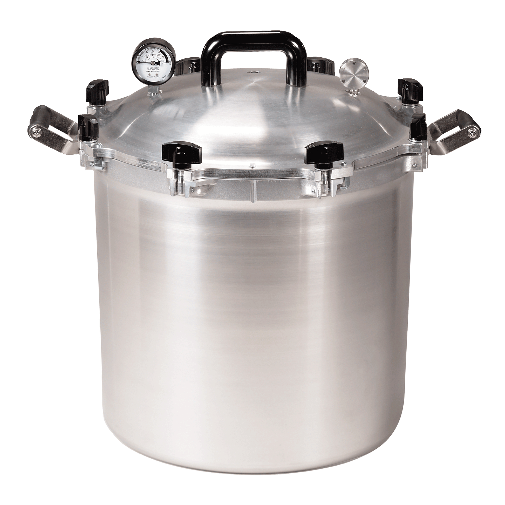 A Large 41.5-quart All-American pressure cooker model 941, with a robust handle, pressure gauge, and metallic build