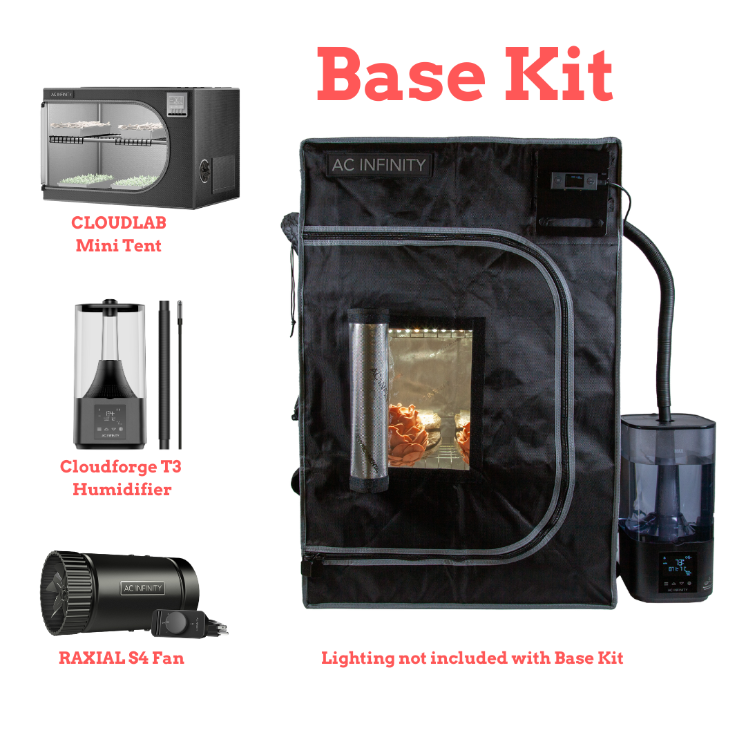 A collection of images indicating the contents of the Base Kit for a mini mushroom grow tent, including the cloudlab mini tent, cloudforge T3 humidifier, and raxial S4 Fan