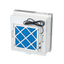 The back side of a square 2 foot by 2 foot flocube laminar flow hood with a blue MERV 8 Pre-filter, attached cable for power, and power controls next to stainless steel handles in the square frame. 