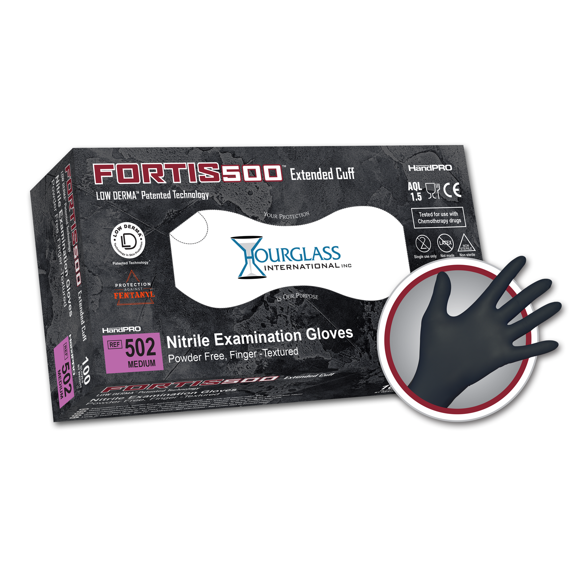 A black box of Medium sized Fortis500 Extended cuff Black Nitrile Gloves