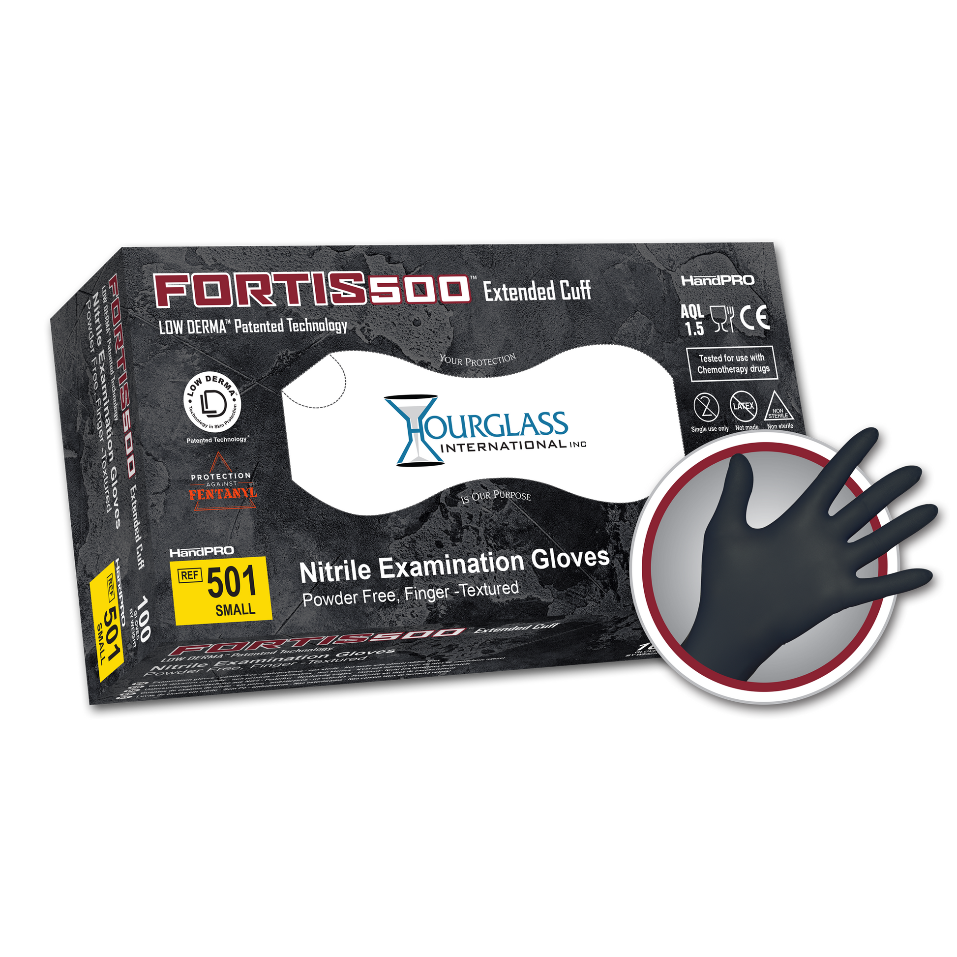 A black box of Small sized Fortis500 Extended cuff Black Nitrile Gloves