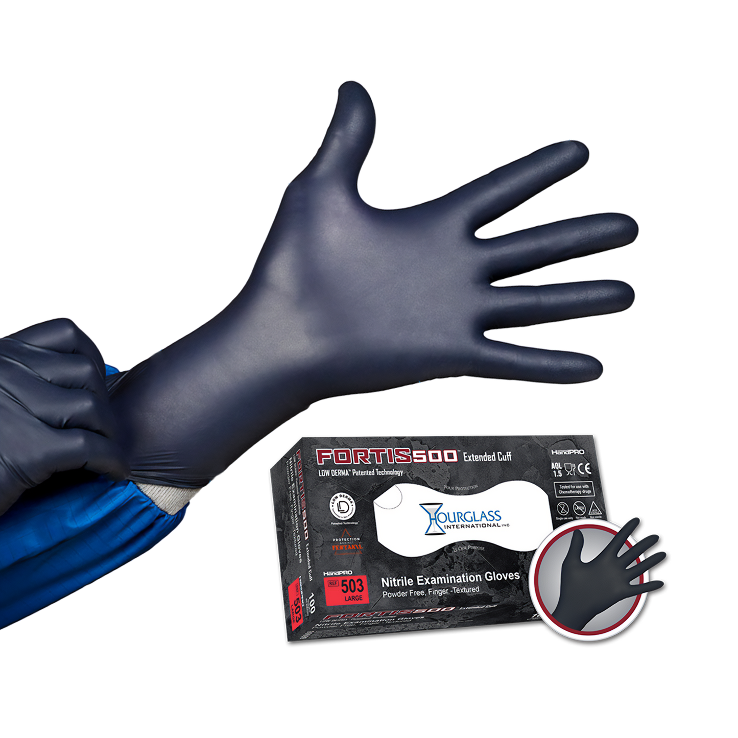 A person putting on black nitrile gloves with an extended cuff in PPE. Small image of box of gloves in background.