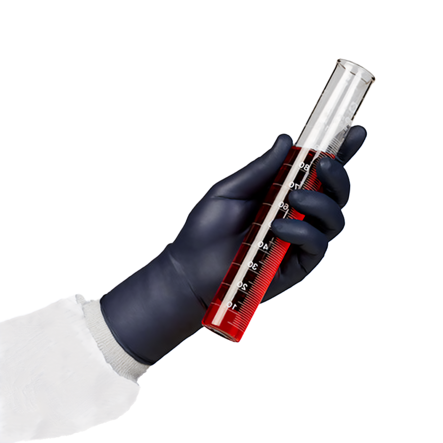 A person's arm in PPE with a black nitrile glove holding a testube with red liquid.