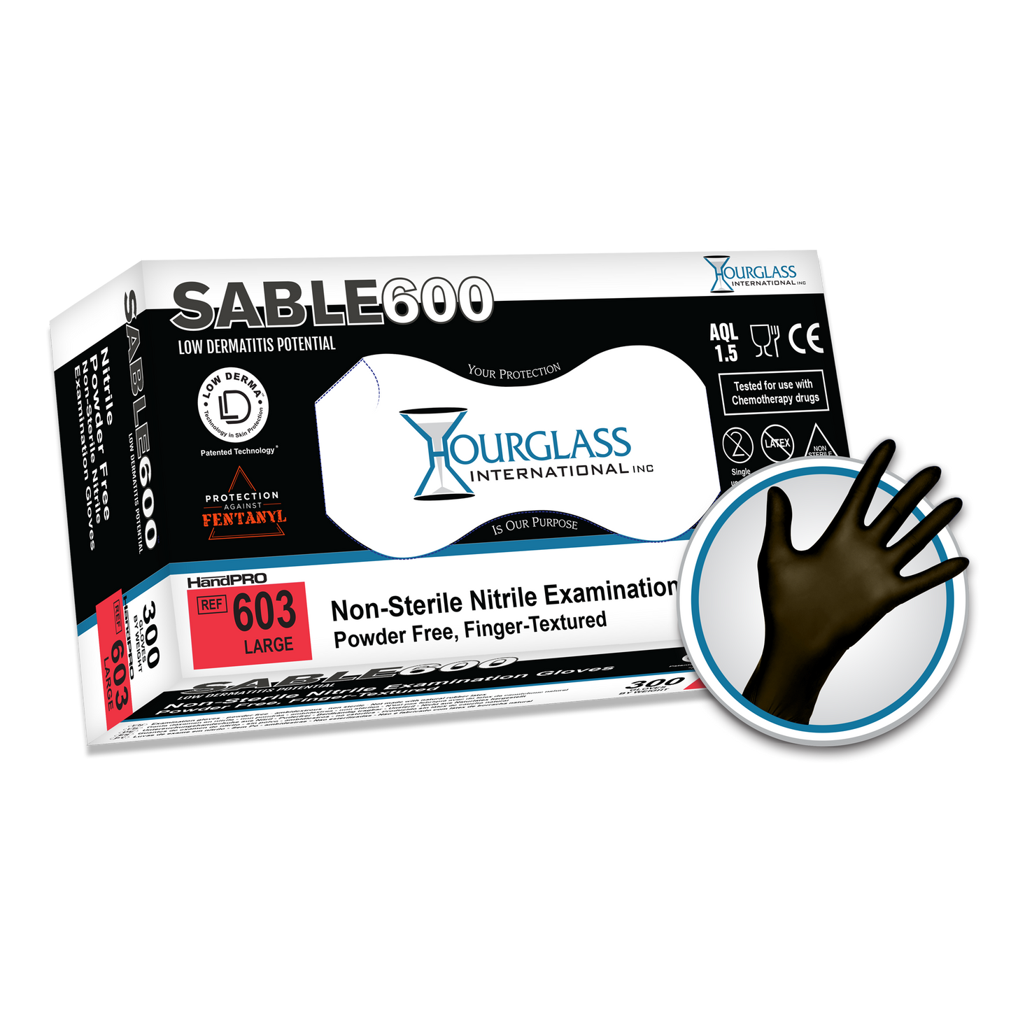 A black box of Large sized Sable 600 Extended Black Nitrile Gloves