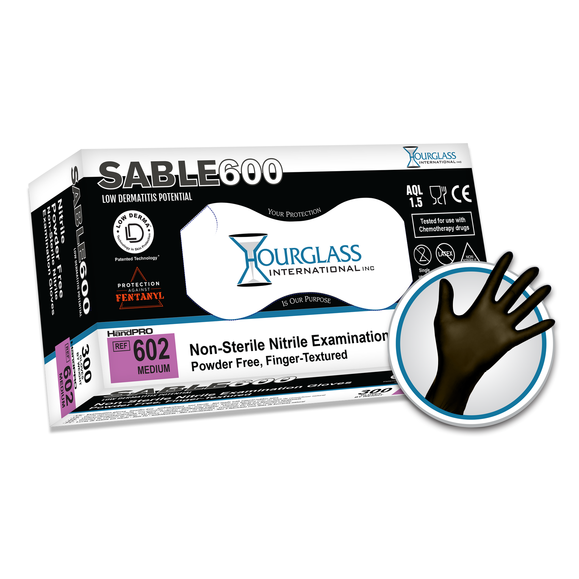 A black box of Medium sized Sable 600 Extended Black Nitrile Gloves