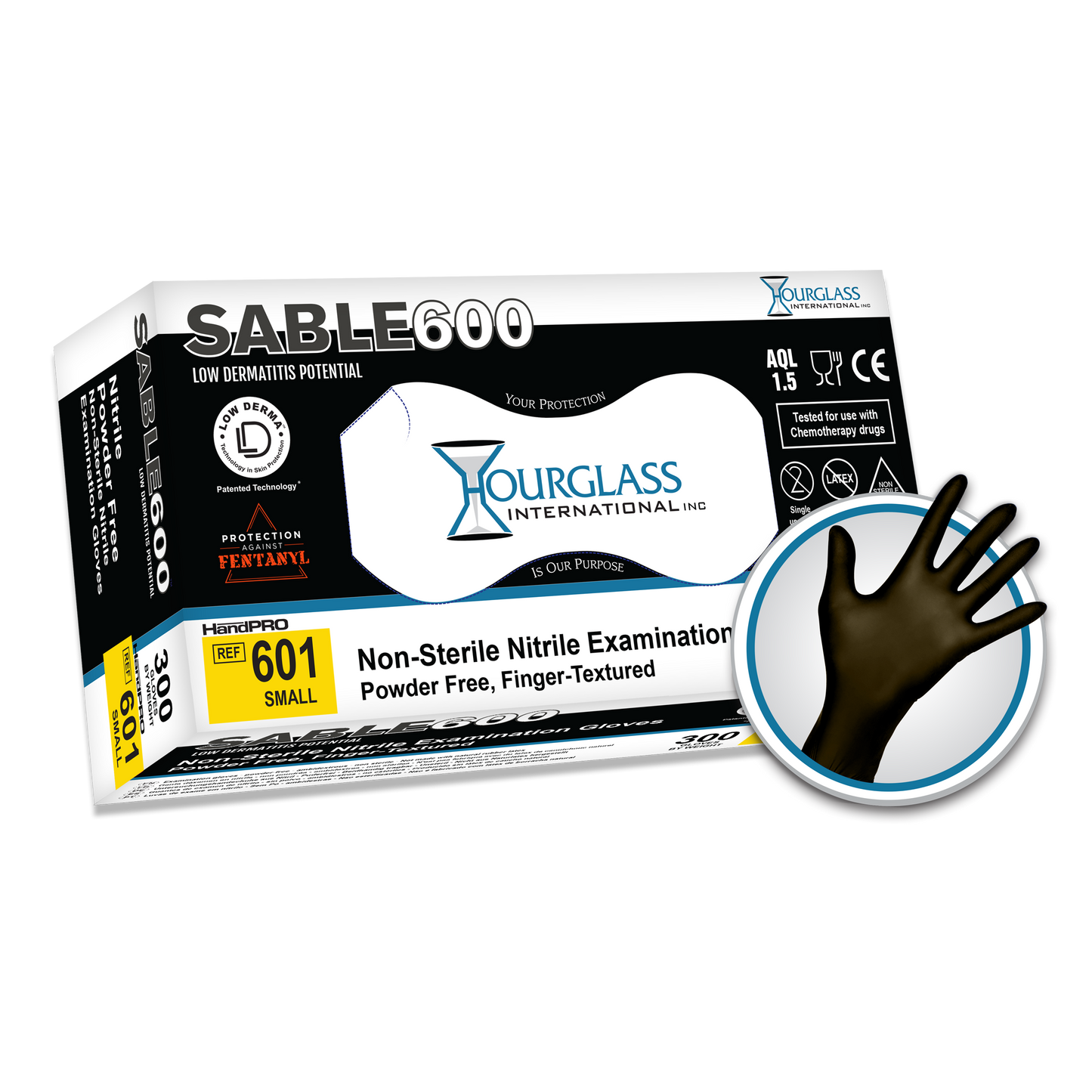 A black box of Small sized Sable 600 Extended Black Nitrile Gloves