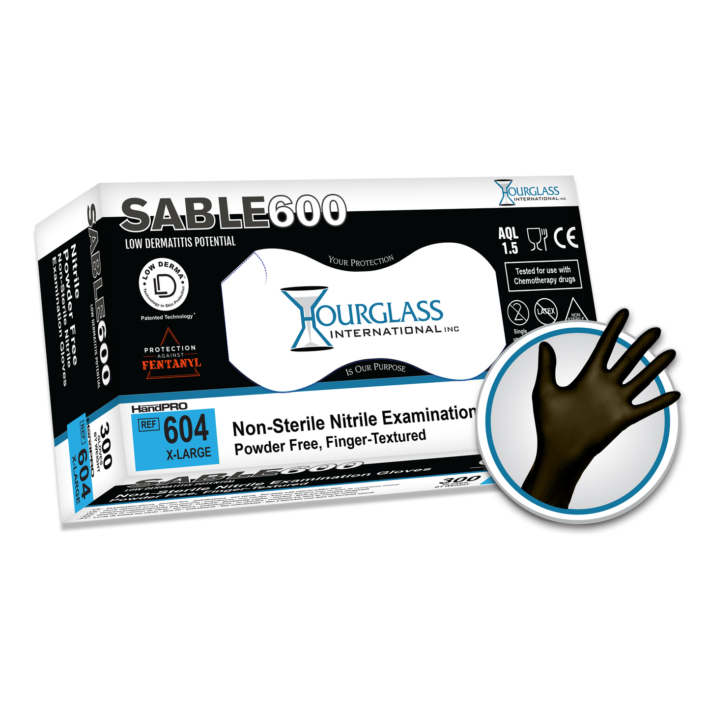 A black box of X-Large sized Sable 600 Extended Black Nitrile Gloves