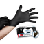 A person putting on black nitrile gloves . Small image of box of gloves in background.