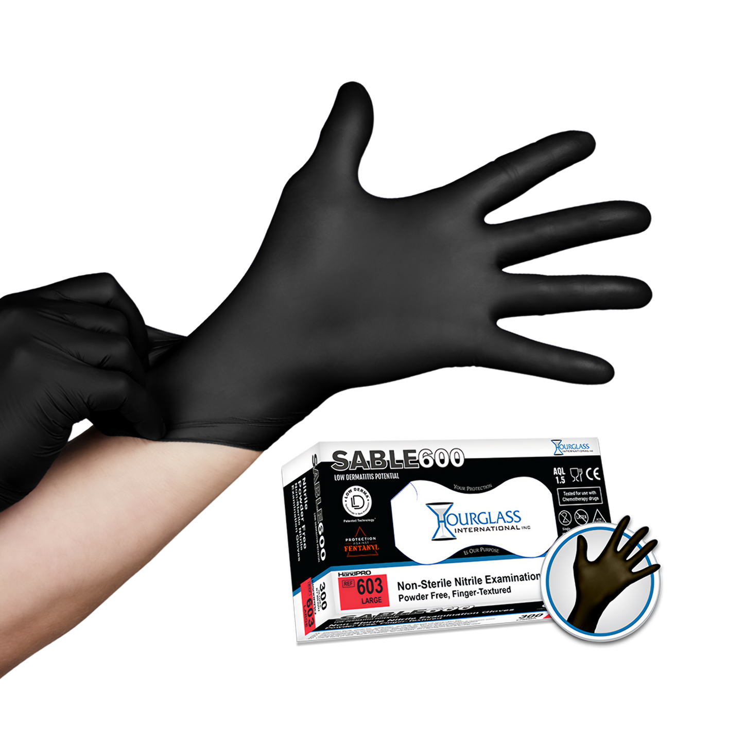 A person putting on black nitrile gloves . Small image of box of gloves in background.