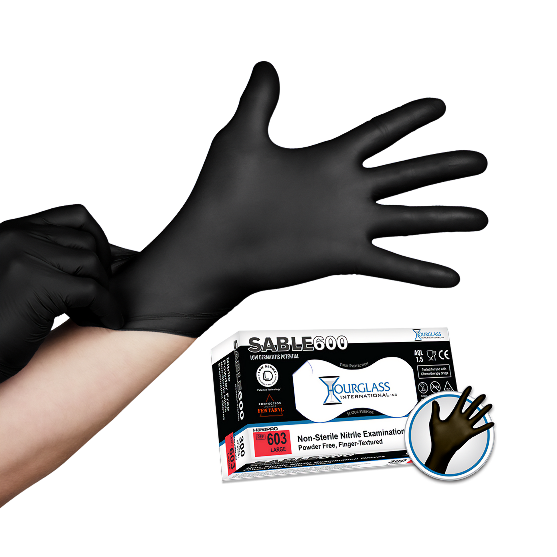 A person putting on black nitrile gloves . Small image of box of gloves in background.