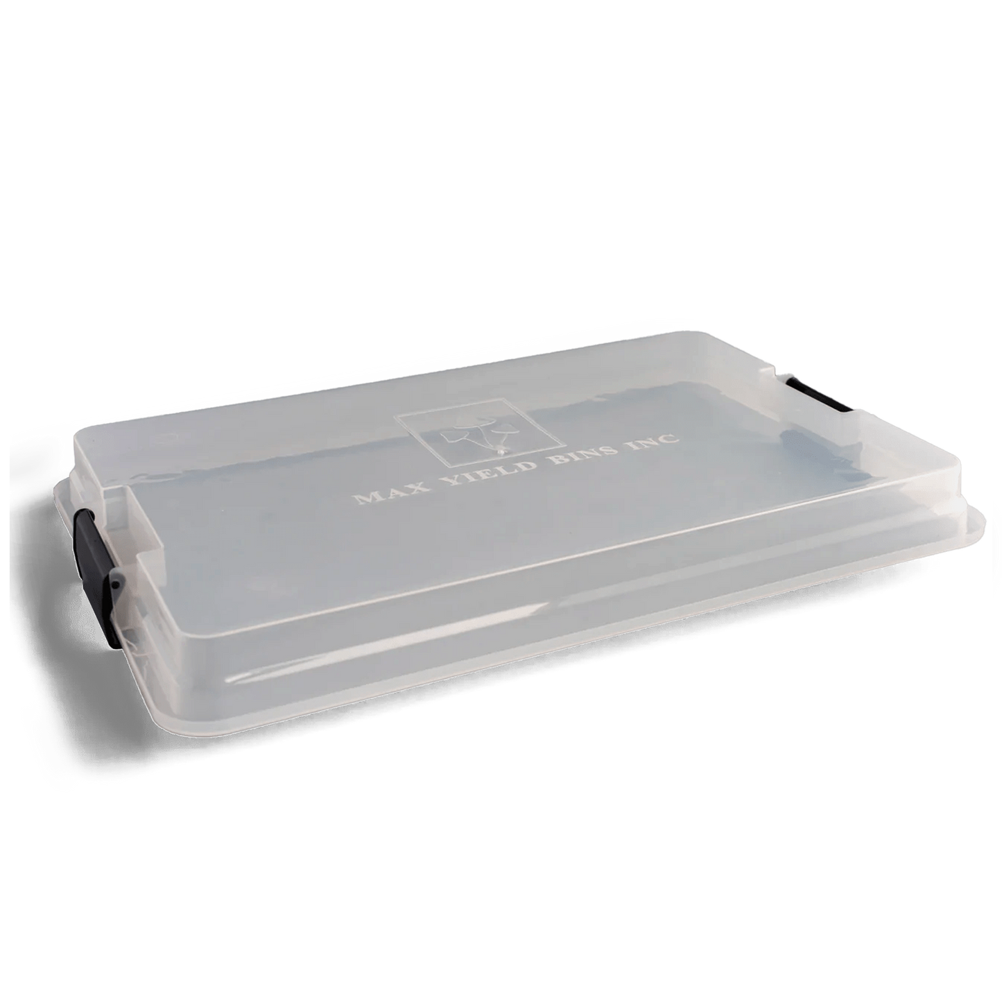 A Max Yield Bins container with a clear colonizer lid, showcasing the lid's shorter, flatter design for imptoved humidity and faster colonization.