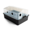 Perspective view of a Max Yield V2 Monotub showing a clear lid with air exchange holes, attached to a black base, against a muted background.