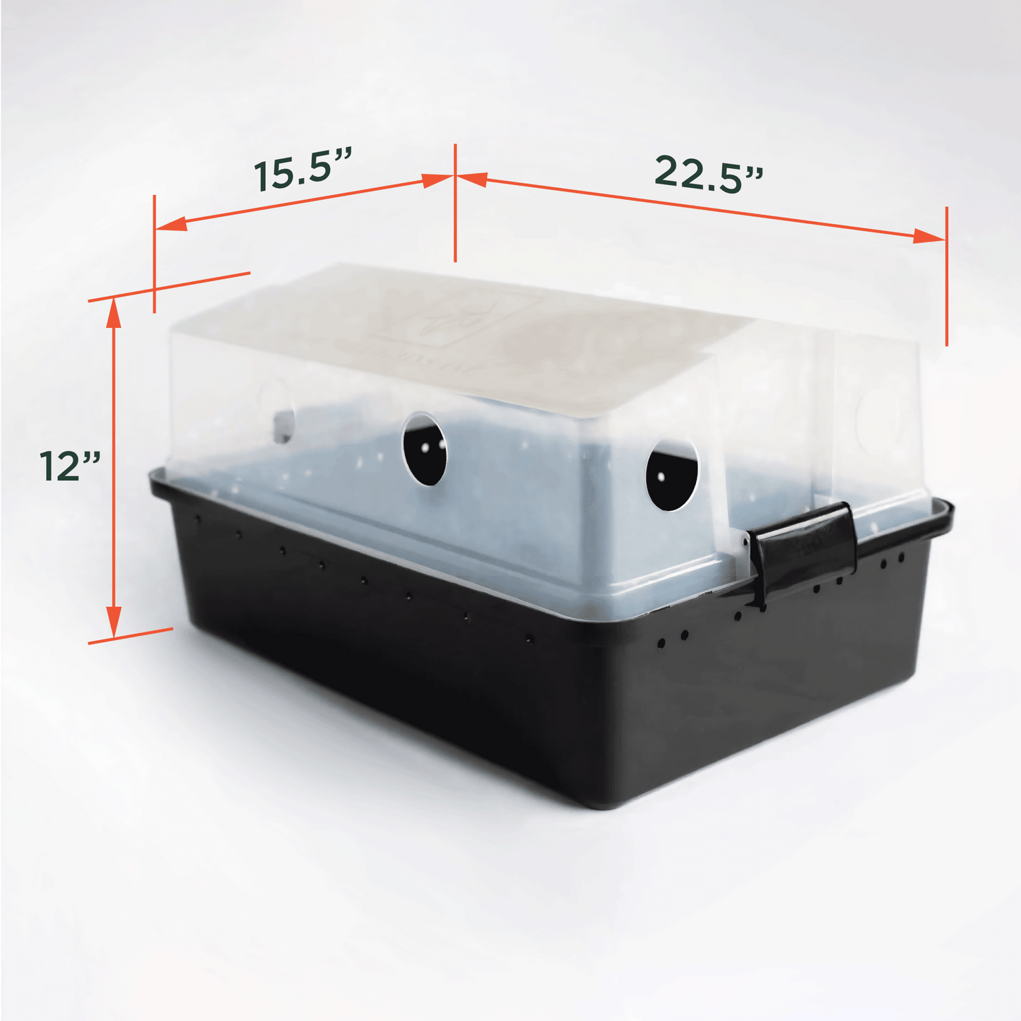 A Max Yield V2 Monotub with dimensions marked in red, detailing the clear lid's measurements and the black base's air exchange holes.