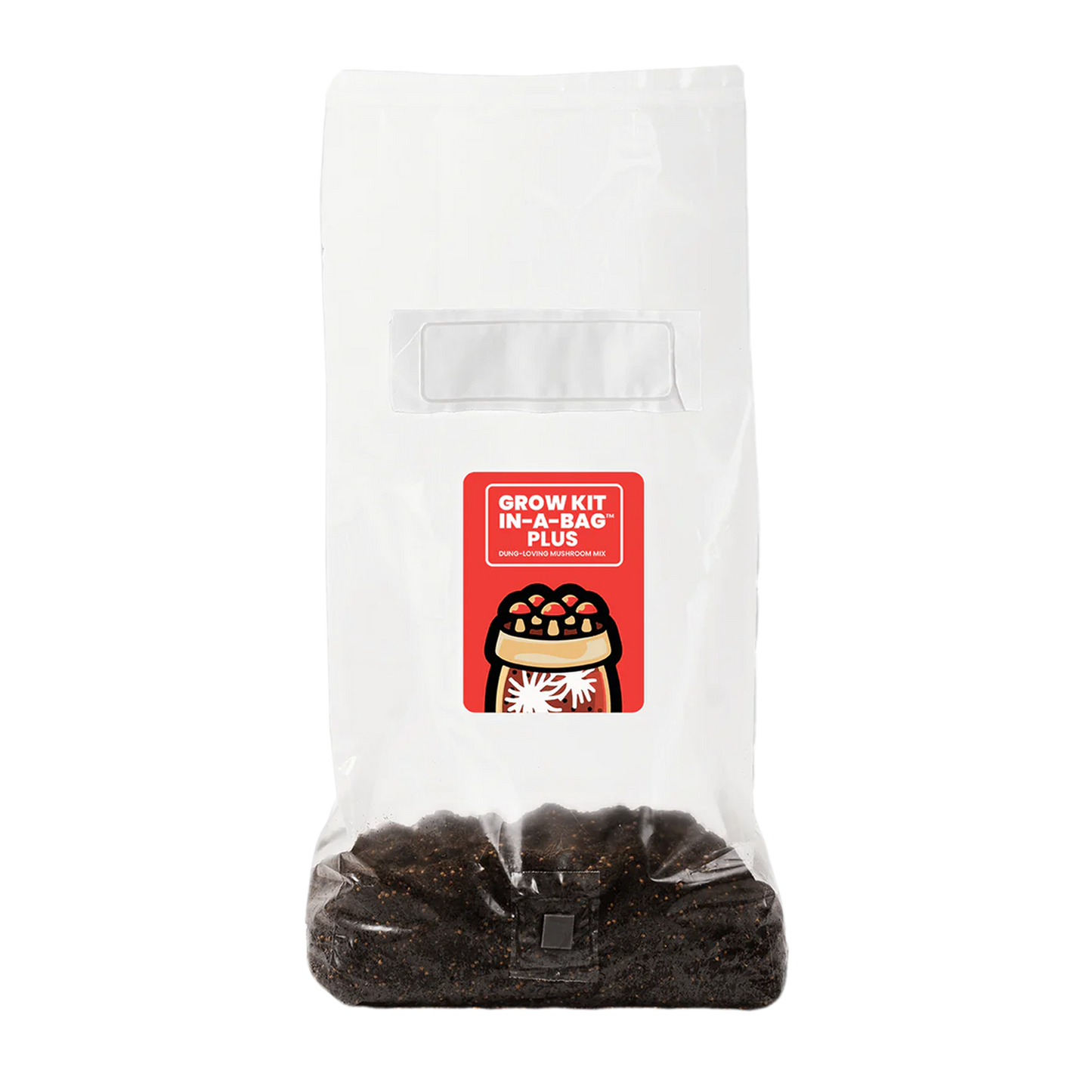 A sealed 'Grow Kit In-A-Bag' from Mushroom Supplies containing dark substrate with a filter patch.