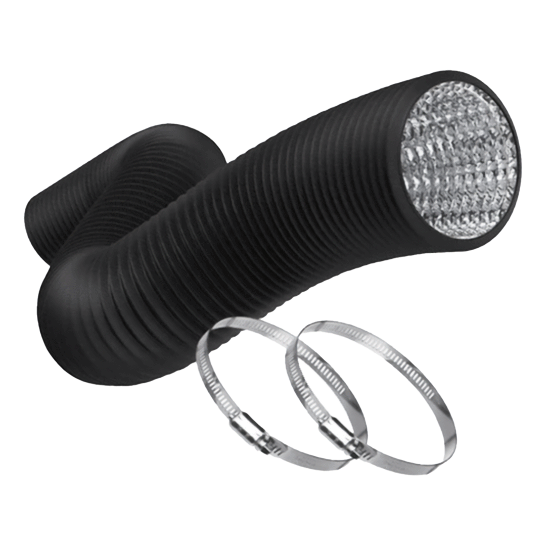 Flexible black ducting with a foil inside and 2 circular clamps.