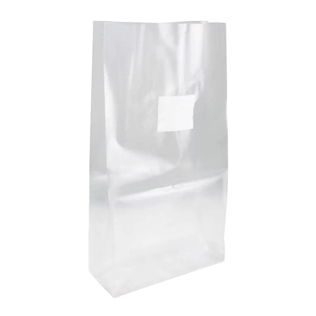 A clear, autoclavable plastic bag with a square white filter patch at the top designed for growing mushrooms. 