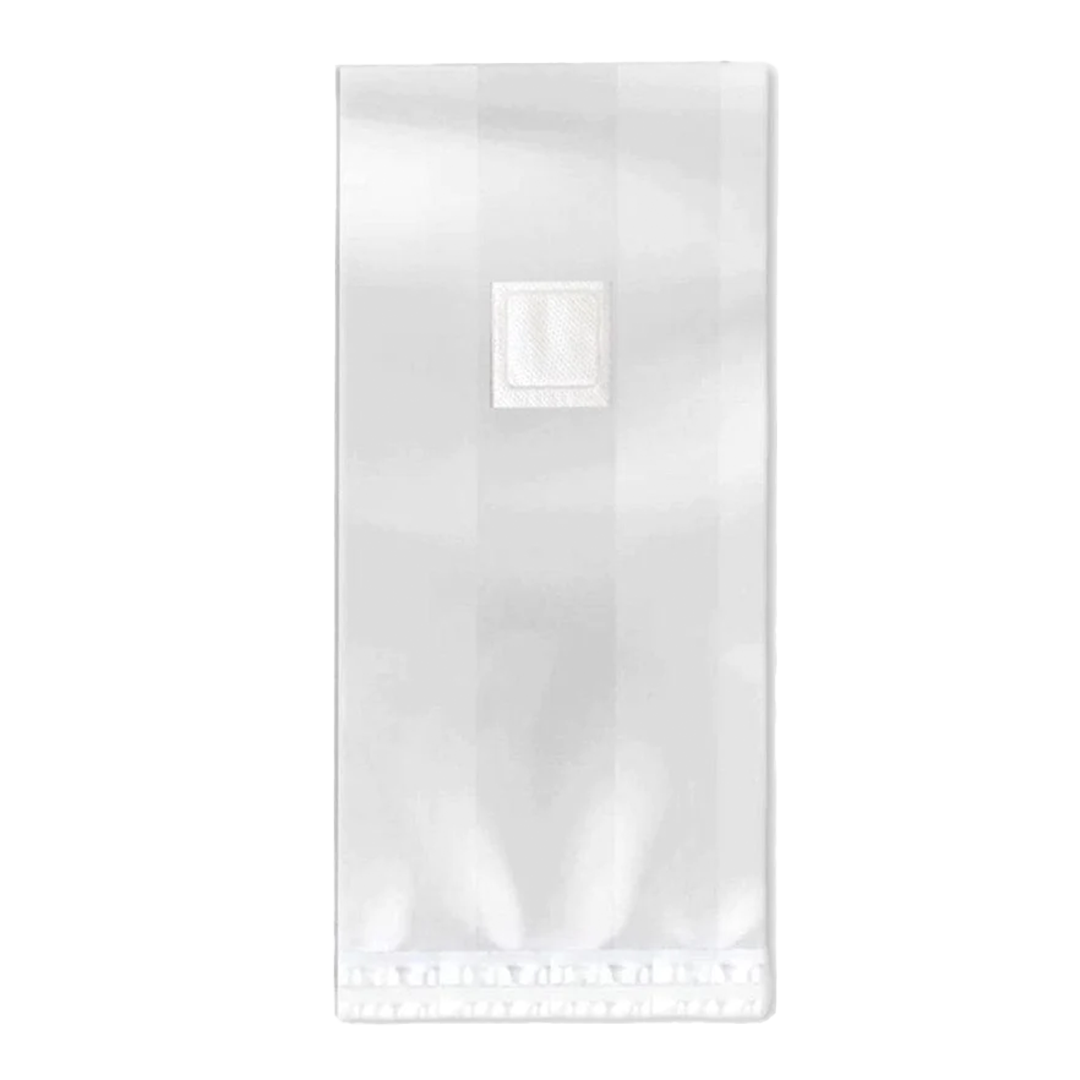 A standing, clear, autoclavable plastic bag with a square white .5 micron filter patch at the top designed for growing mushrooms. 