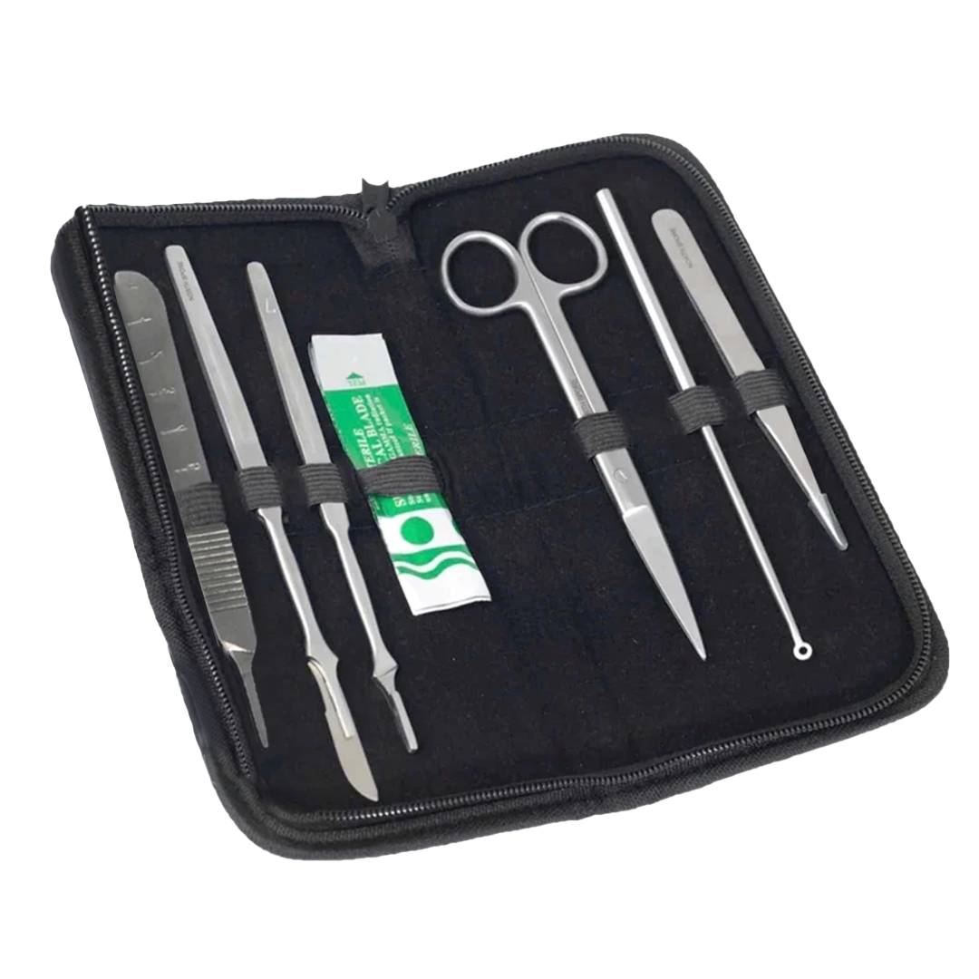 A rectangular folding zip pouch containing  Stainless steel tools for mycology - 3 scalpel handles, a pack of scalpel baldes, a pair of scissors, and inoculation loop, and some forceps. 