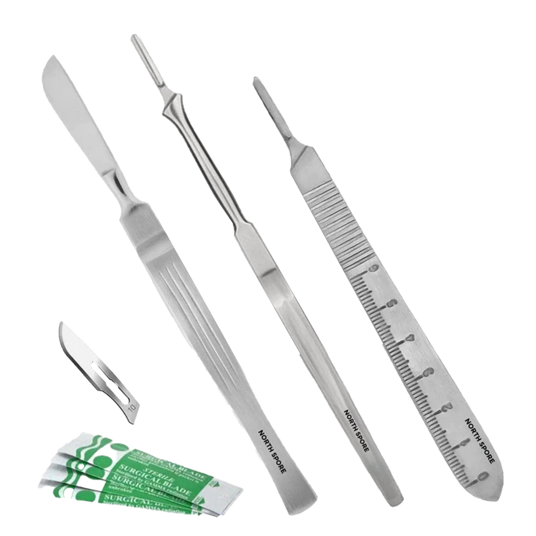 The 3 scalpels for mycology contained in the mycology tool kit from north spore, as well as the sterile scalpel blades included, which have a rounded tip - a #10 scalpel. 