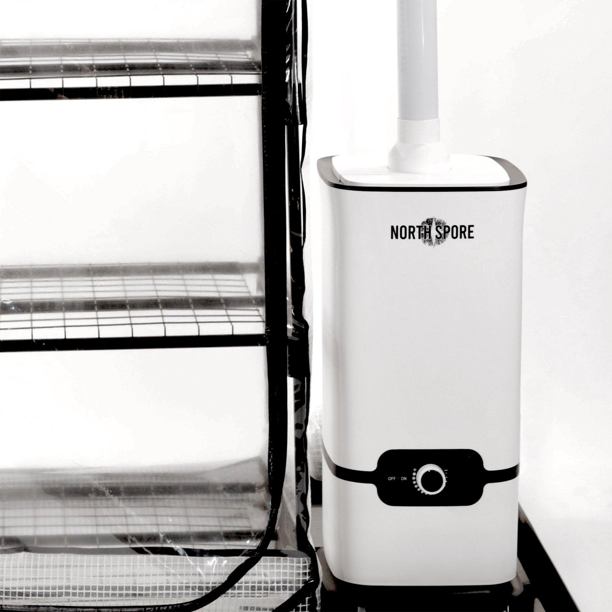 Alternate setup view of North Spore Myco Mister II Tower Humidifier with grow shelves in the background.