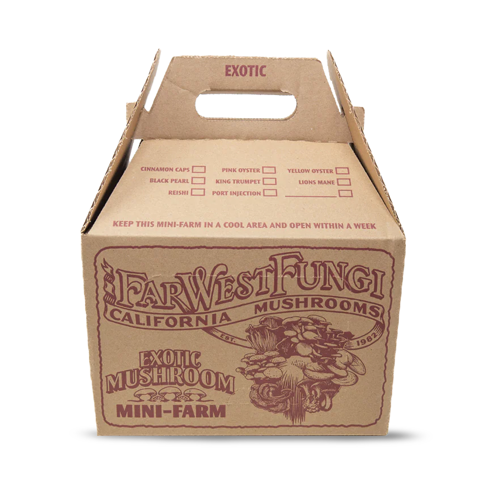 A cardboard box with red print reading "far west fungi california mushrooms - exotic mushroom mini farm"