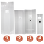 A lineup of 4 sizes of clear mushroom grow bag with filters and injection ports, with small orange circles indicating the sizes and numbers. 